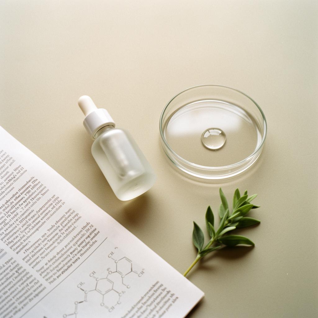 Editorial flat-lay: dropper bottle, petri dish, scientific journal page with chemical diagrams and a botanical sprig