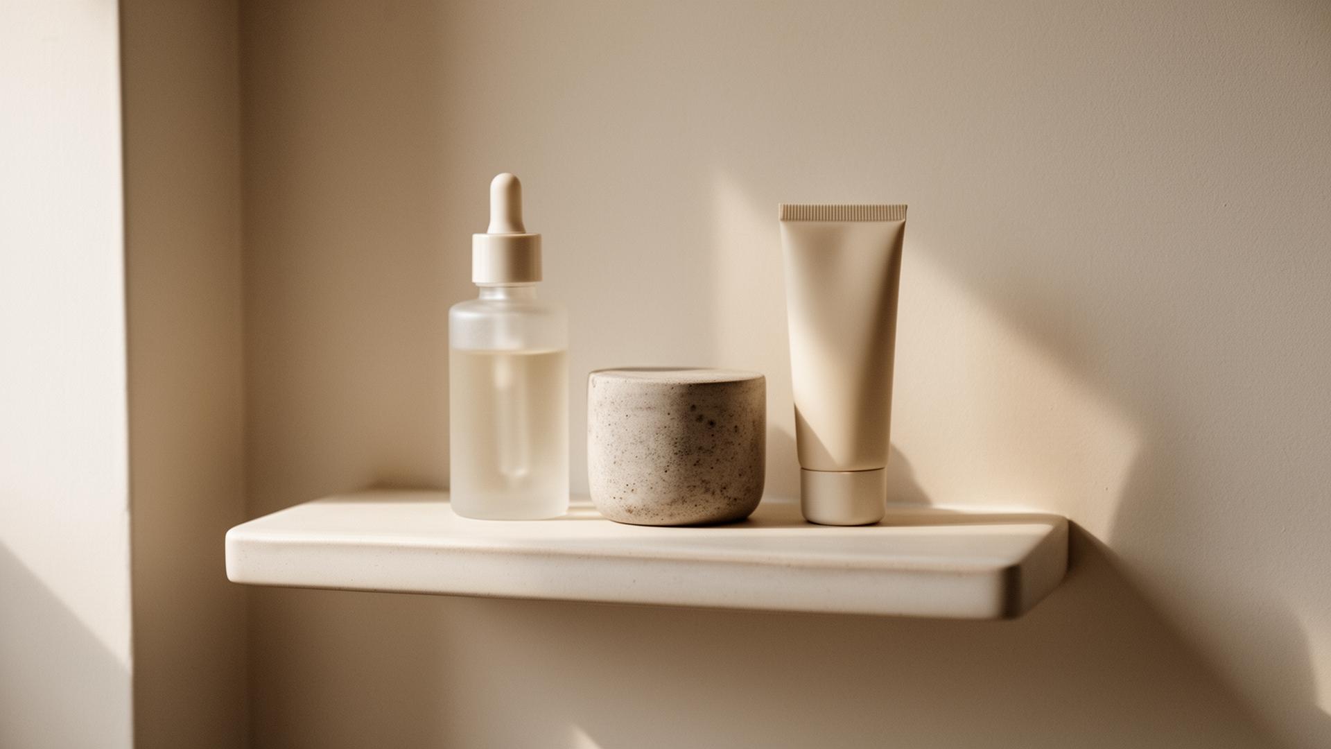 Minimalist bathroom shelf with unbranded cosmetic vessels in soft morning light